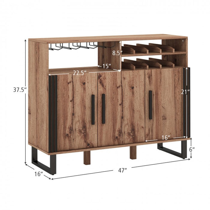 Costway Industrial Style Brown Home Bar Cabinet with Glass Rack and Wine Rack - Suitable for Restaurant and Bar