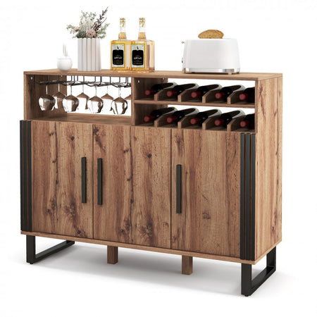 Costway Industrial Style Brown Home Bar Cabinet with Glass Rack and Wine Rack - Suitable for Restaurant and Bar