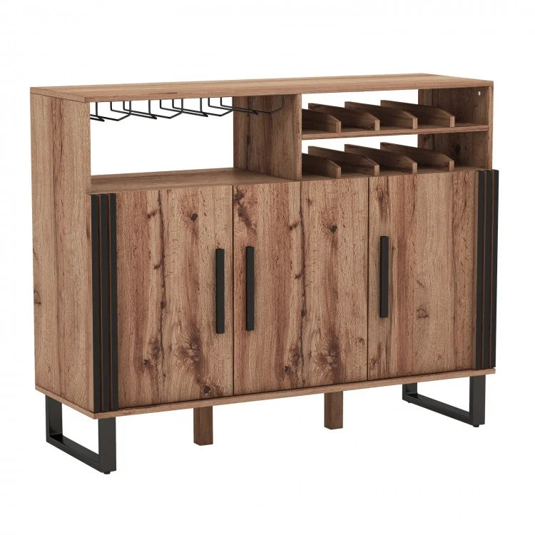 Costway Industrial Style Brown Home Bar Cabinet with Glass Rack and Wine Rack - Suitable for Restaurant and Bar