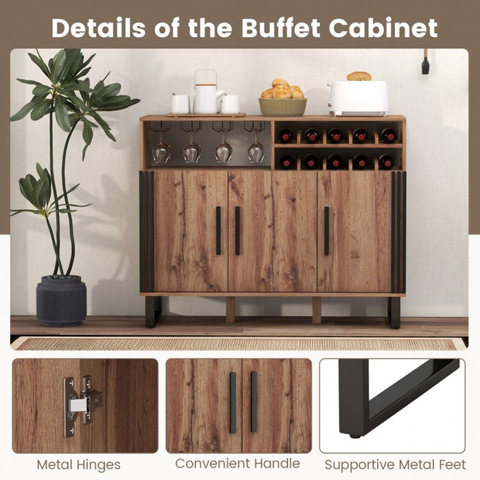Costway Industrial Style Brown Home Bar Cabinet with Glass Rack and Wine Rack - Suitable for Restaurant and Bar