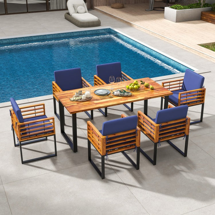 Outdoor Dining Room Table Set - 7-Piece Set with 1 Long Table and 6 Armchairs with Cushions - Suitable for Backyard Gatherings