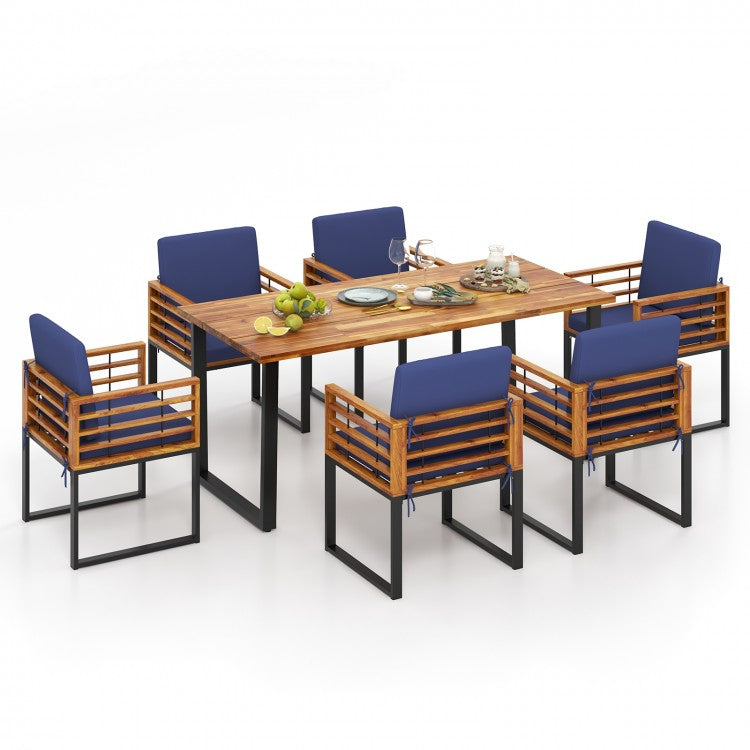 Outdoor Dining Room Table Set - 7-Piece Set with 1 Long Table and 6 Armchairs with Cushions - Suitable for Backyard Gatherings
