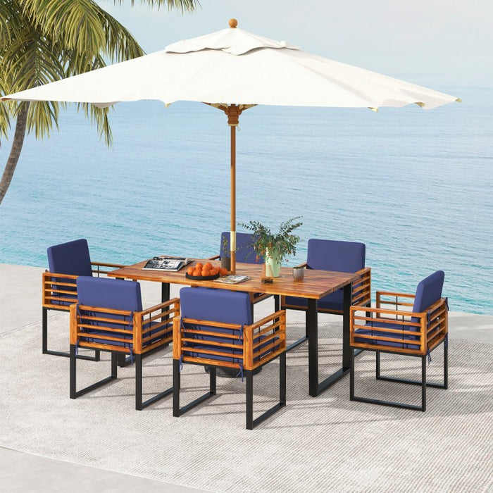 Outdoor Dining Room Table Set - 7-Piece Set with 1 Long Table and 6 Armchairs with Cushions - Suitable for Backyard Gatherings
