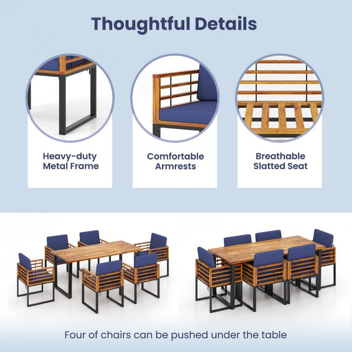 Outdoor Dining Room Table Set - 7-Piece Set with 1 Long Table and 6 Armchairs with Cushions - Suitable for Backyard Gatherings