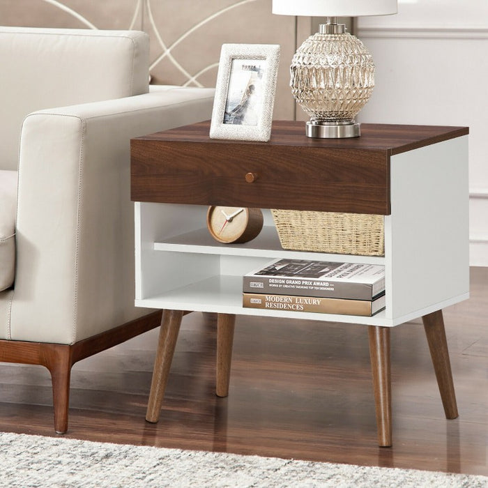 Costway Mid Century Sofa Side Table Vintage Nightstand with Drawer and Shelf - Suitable for Living Room and Bedroom