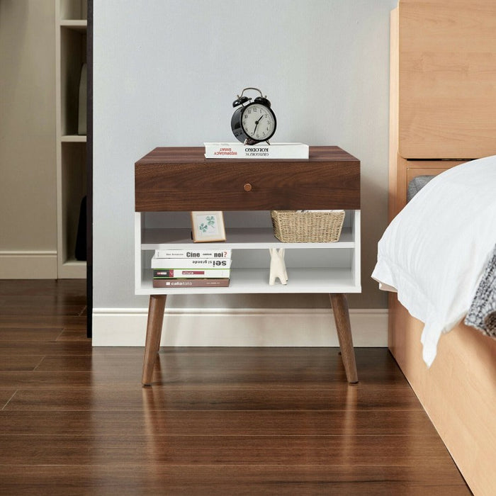 Costway Mid Century Sofa Side Table Vintage Nightstand with Drawer and Shelf - Suitable for Living Room and Bedroom