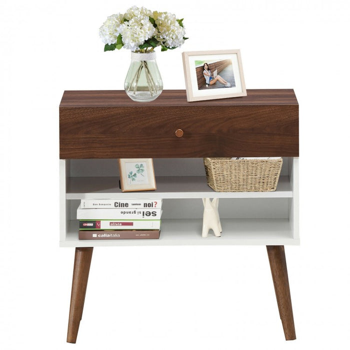 Costway Mid Century Sofa Side Table Vintage Nightstand with Drawer and Shelf - Suitable for Living Room and Bedroom