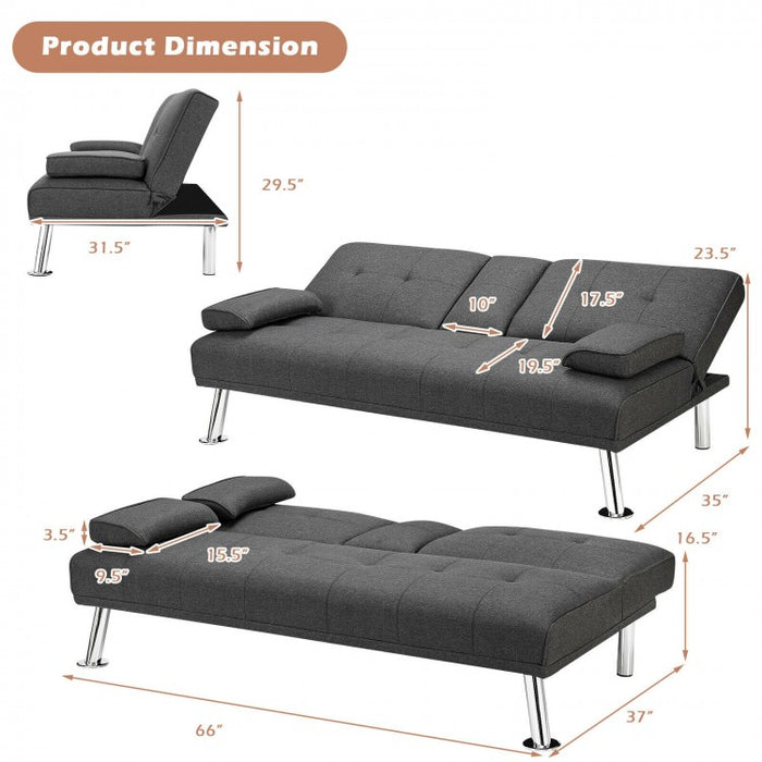 Convertible Gray Futon Sofa Bed - Foldable Living Room Furniture