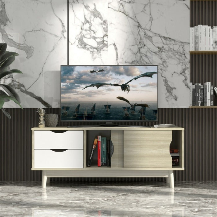 Modern Minimalist TV Stand with Sliding Doors and Drawers for 60-inch TVs