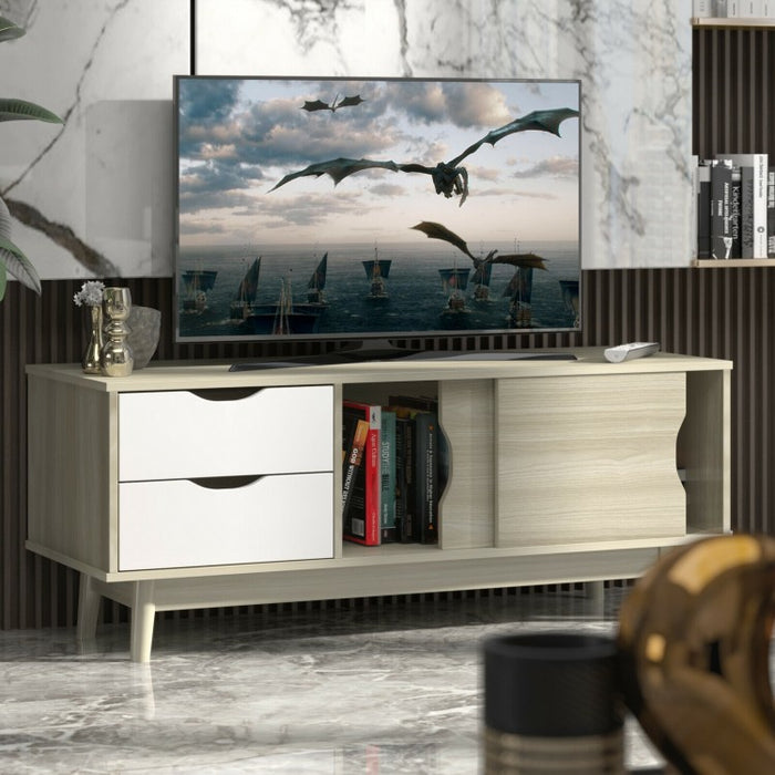 Modern Minimalist TV Stand with Sliding Doors and Drawers for 60-inch TVs