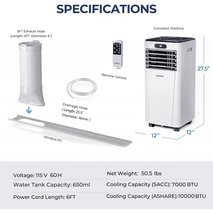 10000 BTU Multifunctional Portable Air Conditioner with Remote Control and Panel Control