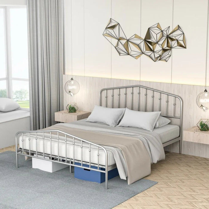 Silver Metal Platform Bed Frame with Non-Slip Feet Pads