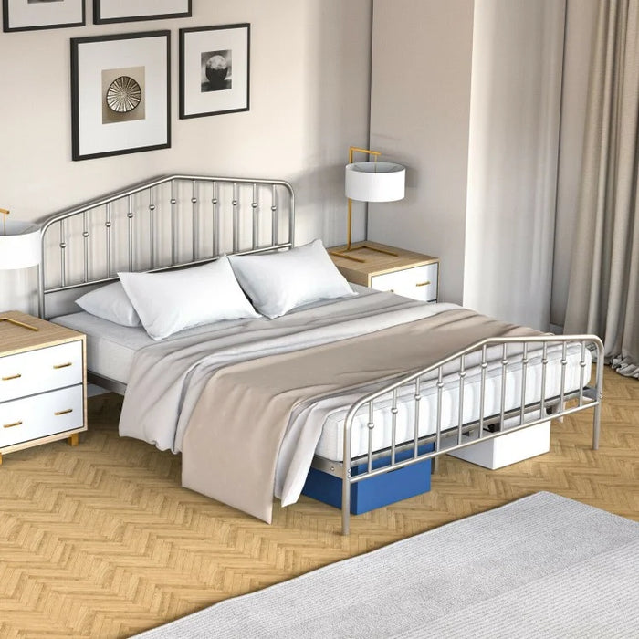 Silver Metal Platform Bed Frame with Non-Slip Feet Pads