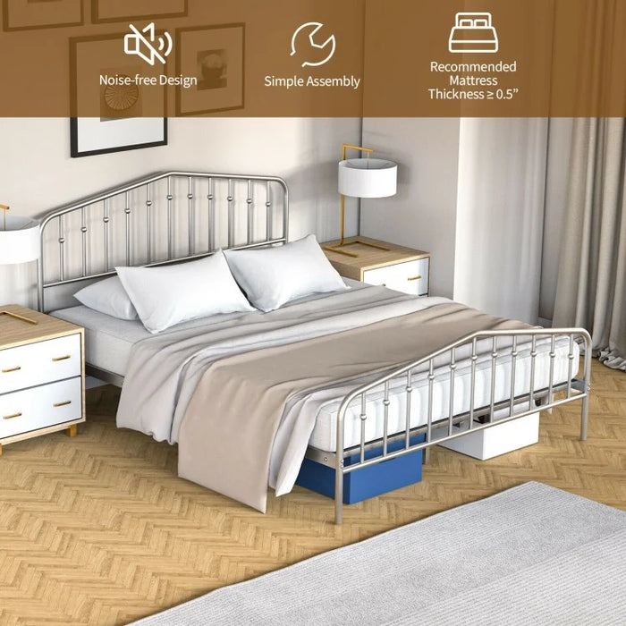 Silver Metal Platform Bed Frame with Non-Slip Feet Pads