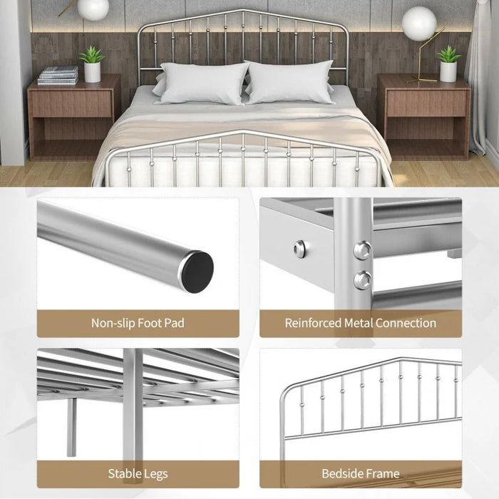 Silver Metal Platform Bed Frame with Non-Slip Feet Pads
