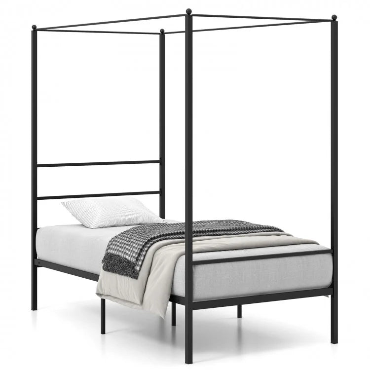 Black Modern Minimalist Metal Bed Frame with Canopy for Bedroom