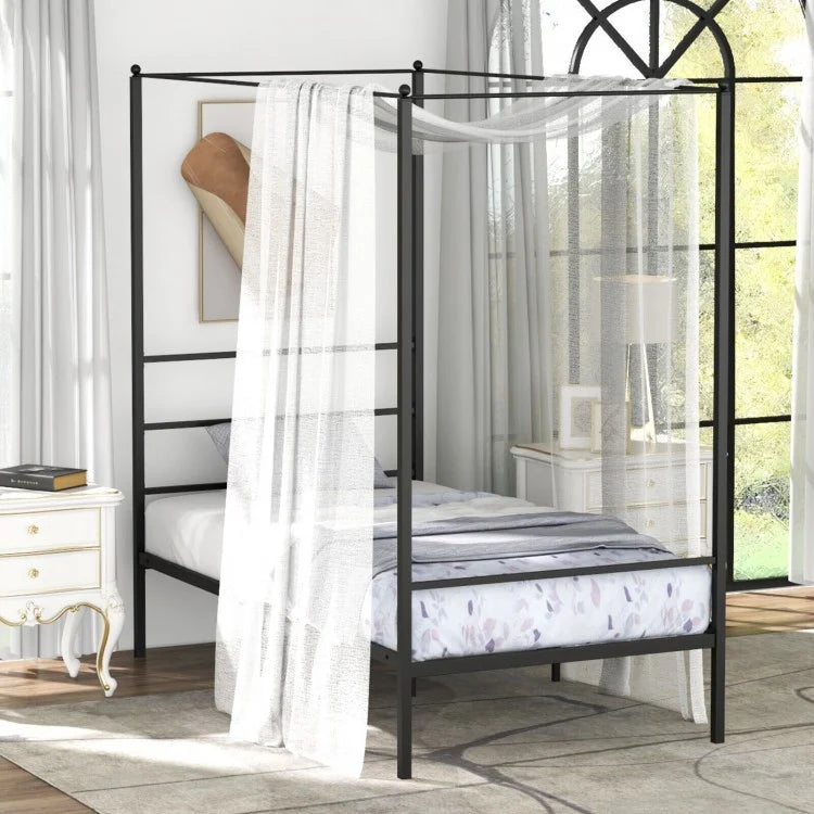 Black Modern Minimalist Metal Bed Frame with Canopy for Bedroom