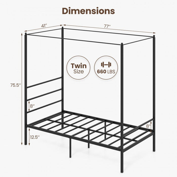 Black Modern Minimalist Metal Bed Frame with Canopy for Bedroom