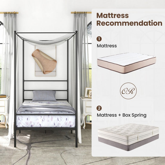 Black Modern Minimalist Metal Bed Frame with Canopy for Bedroom