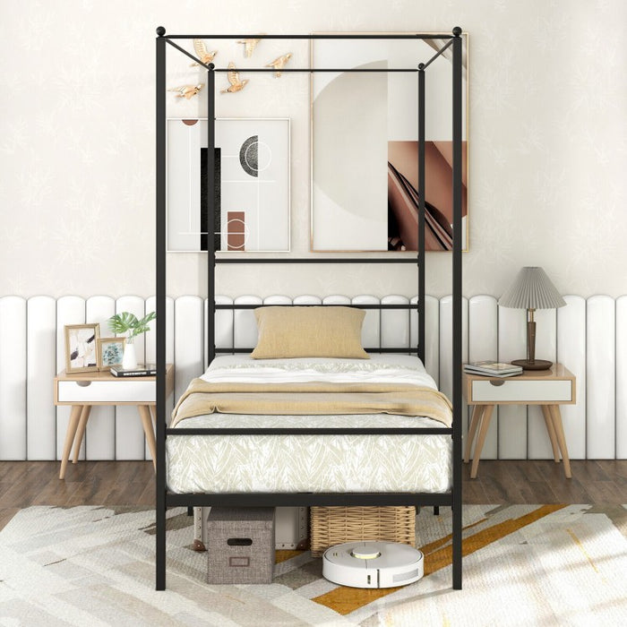Black Modern Minimalist Metal Bed Frame with Canopy for Bedroom