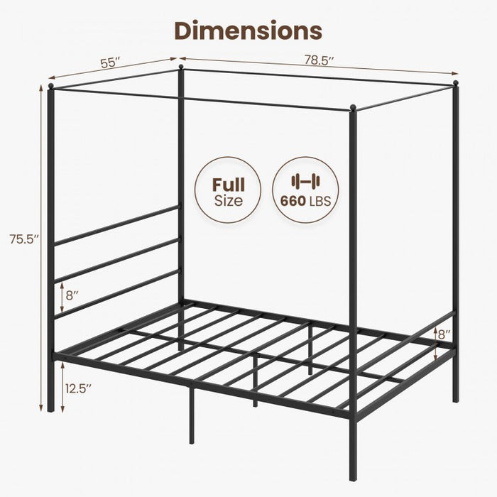 Black Modern Minimalist Metal Bed Frame with Canopy for Bedroom