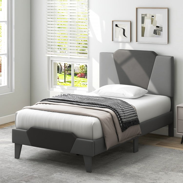 Gray Velvet Upholstered Headboard Bed Frame with Soft Padded Mattress