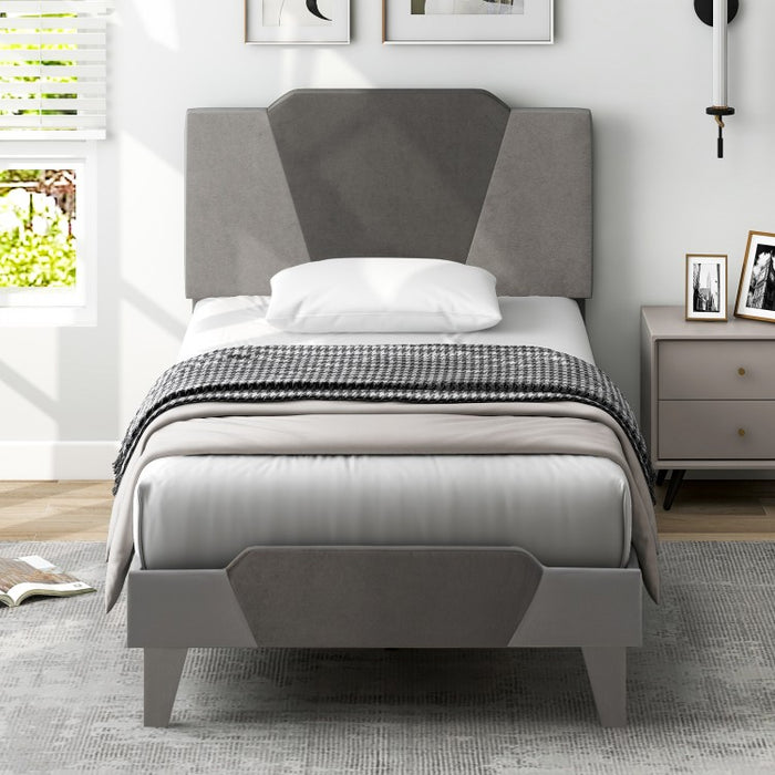 Gray Velvet Upholstered Headboard Bed Frame with Soft Padded Mattress