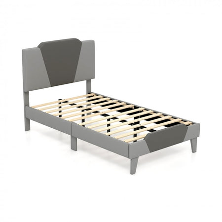 Gray Velvet Upholstered Headboard Bed Frame with Soft Padded Mattress