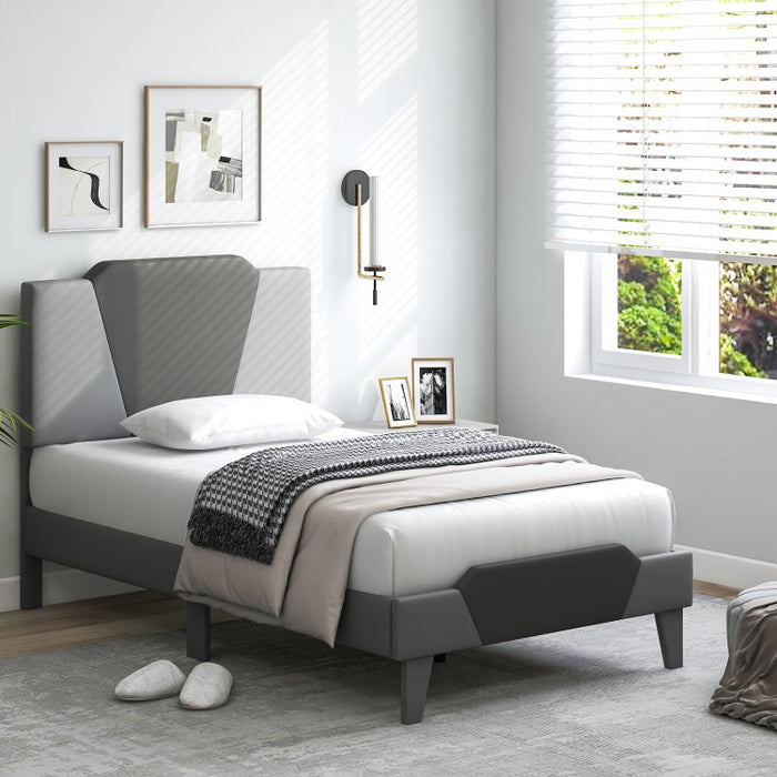 Gray Velvet Upholstered Headboard Bed Frame with Soft Padded Mattress