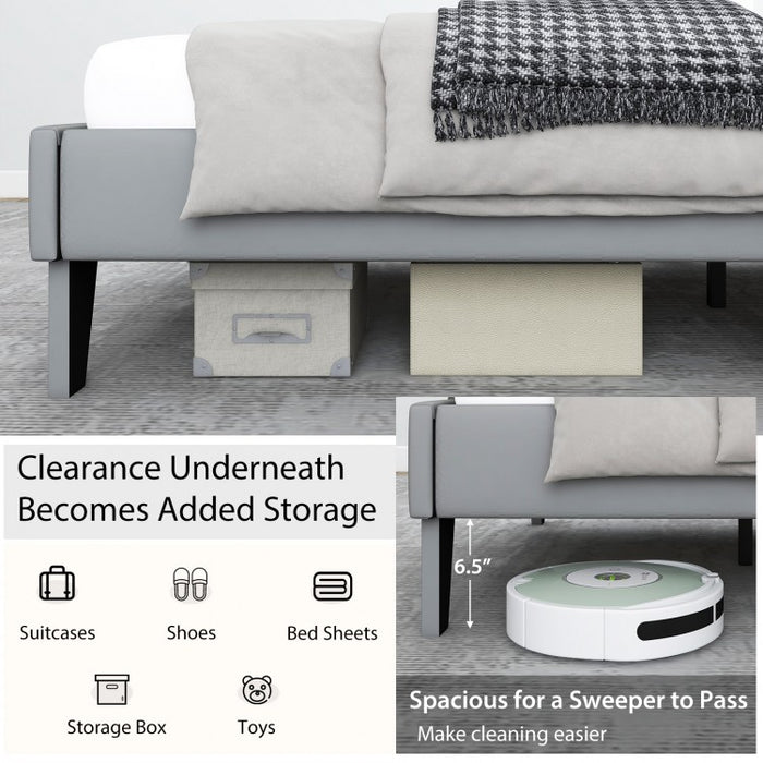 Gray Velvet Upholstered Headboard Bed Frame with Soft Padded Mattress