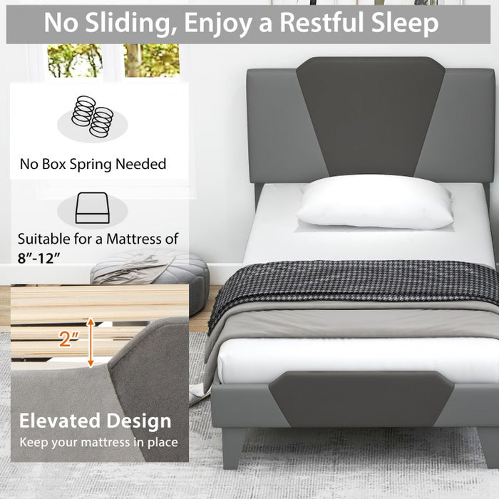 Gray Velvet Upholstered Headboard Bed Frame with Soft Padded Mattress