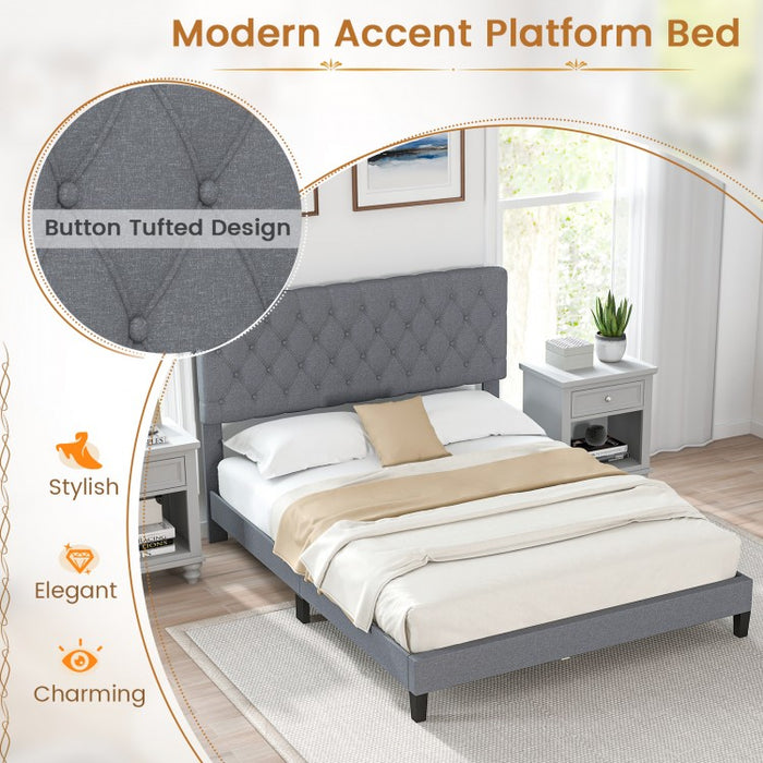 Costway Gray Queen Bed Frame with Button Tufted Headboard - Platform Bed with Storage Underneath