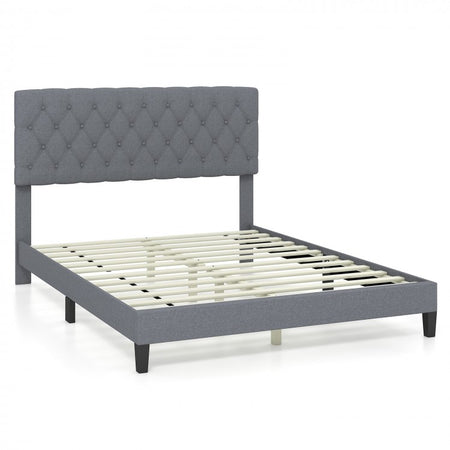 Costway Gray Queen Bed Frame with Button Tufted Headboard - Platform Bed with Storage Underneath