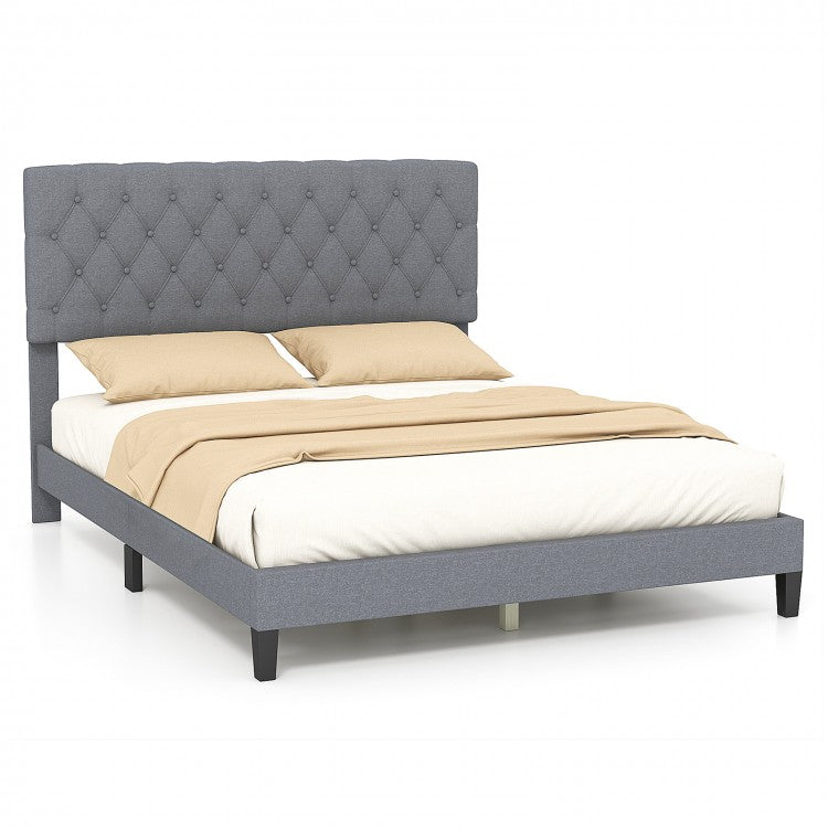 Costway Gray Queen Bed Frame with Button Tufted Headboard - Platform Bed with Storage Underneath