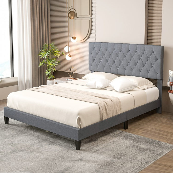 Costway Gray Queen Bed Frame with Button Tufted Headboard - Platform Bed with Storage Underneath