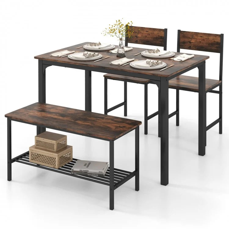 Industrial Style Dining Table Set with Built-in 2 Chairs and 1 Bench - Suitable for Kitchen and Restaurant