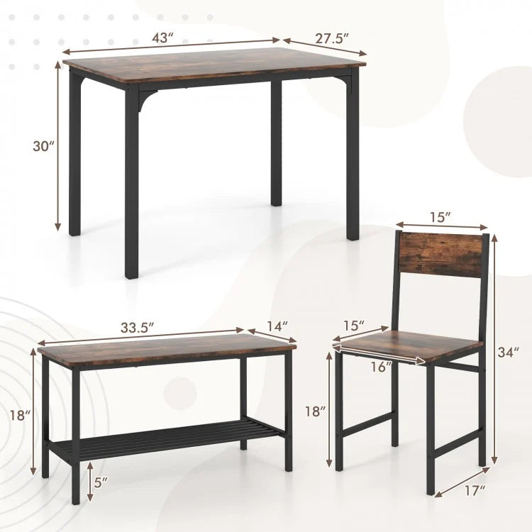 Industrial Style Dining Table Set with Built-in 2 Chairs and 1 Bench - Suitable for Kitchen and Restaurant