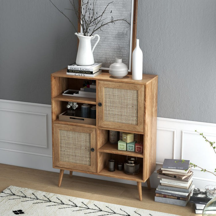 Rattan Dining Hutch Storage Cabinet with 2 Doors and 4 Compartments