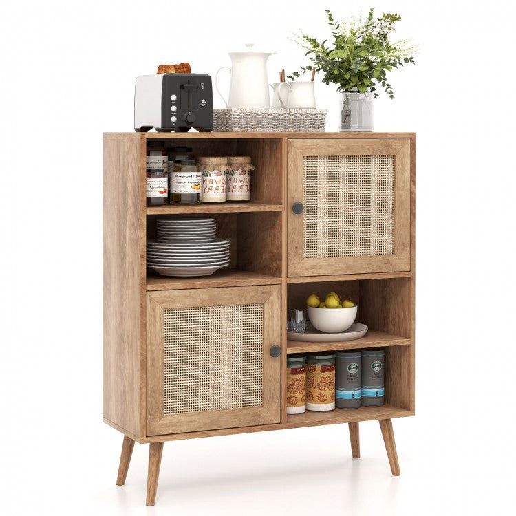 Rattan Dining Hutch Storage Cabinet with 2 Doors and 4 Compartments