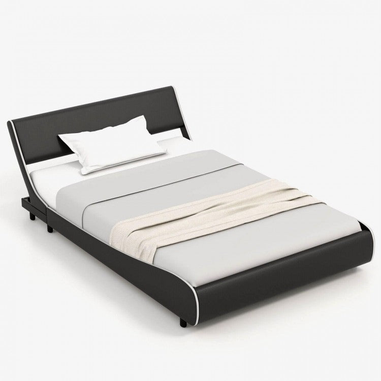 Modern Minimal Faux Leather Curved Headboard Soft Padded Bed Frame