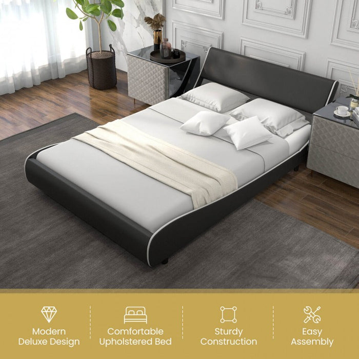 Modern Minimal Faux Leather Curved Headboard Soft Padded Bed Frame