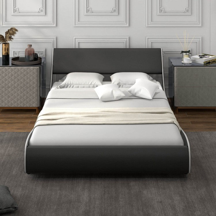 Modern Minimal Faux Leather Curved Headboard Soft Padded Bed Frame