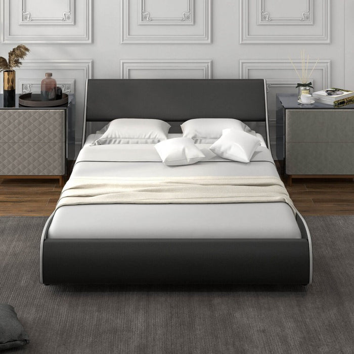 Modern Minimal Faux Leather Curved Headboard Soft Padded Bed Frame