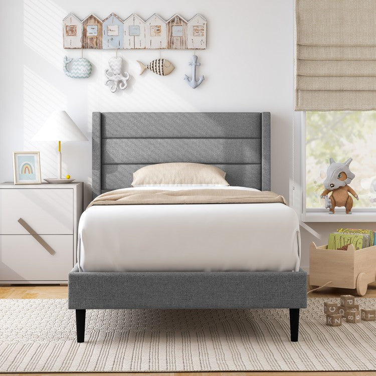 Grey Linen Upholstered Bed Frame with Tall Headboard