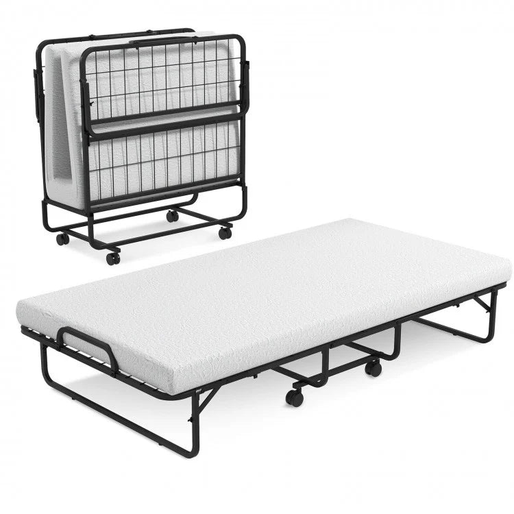 Portable Metal Double Folding Bed with Memory Foam Mattress
