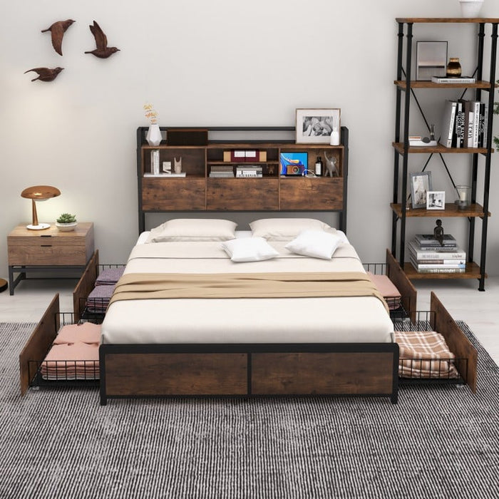 Country Industrial Metal Bed Frame with 4-Drawer Nightstand