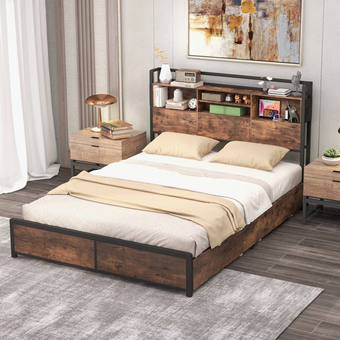 Country Industrial Metal Bed Frame with 4-Drawer Nightstand