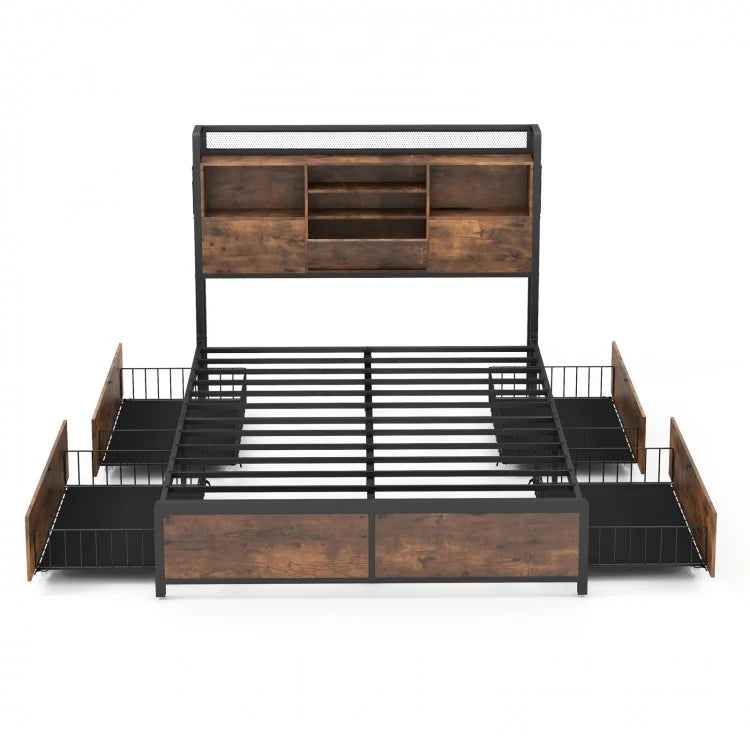Country Industrial Metal Bed Frame with 4-Drawer Nightstand