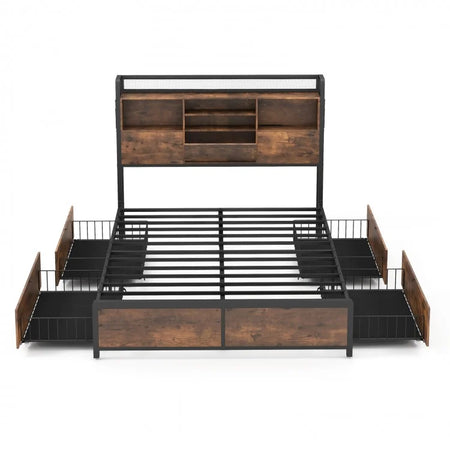 Country Industrial Metal Bed Frame with 4-Drawer Nightstand