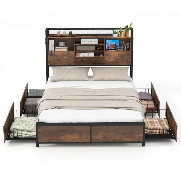 Country Industrial Metal Bed Frame with 4-Drawer Nightstand